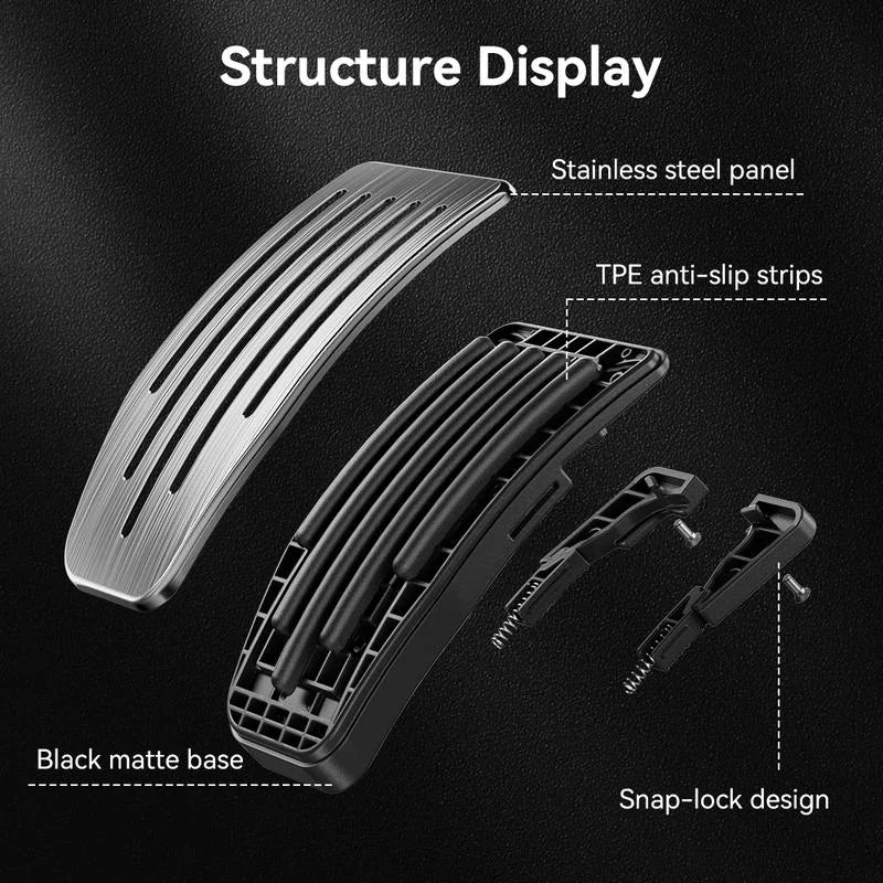 Pedal cover structure: stainless steel panel, TPE strips, matte base and snap-lock clips
