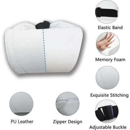 Neck pillow features: elastic band, memory foam, stitching, PU leather, zipper, adjustable buckle