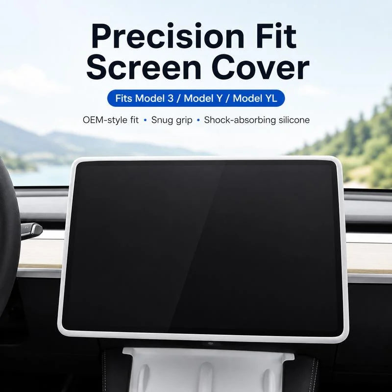 White silicone screen cover installed on Model 3 / Model Y center screen