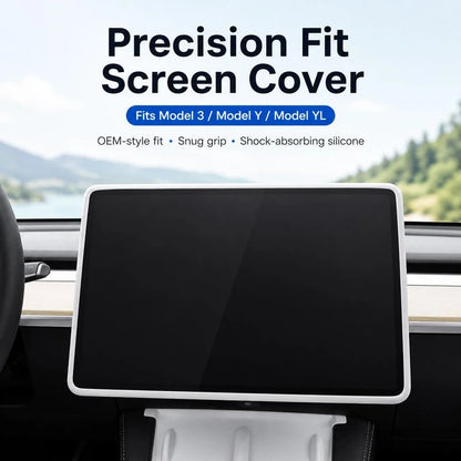 White silicone screen cover installed on Model 3 / Model Y center screen