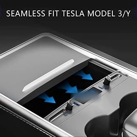 Hub fitted into the Tesla Model 3/Y center console card-slot area