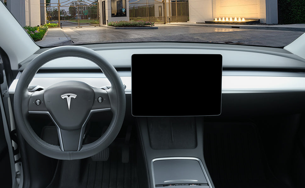 Tesla dashboard with steering wheel cover installed